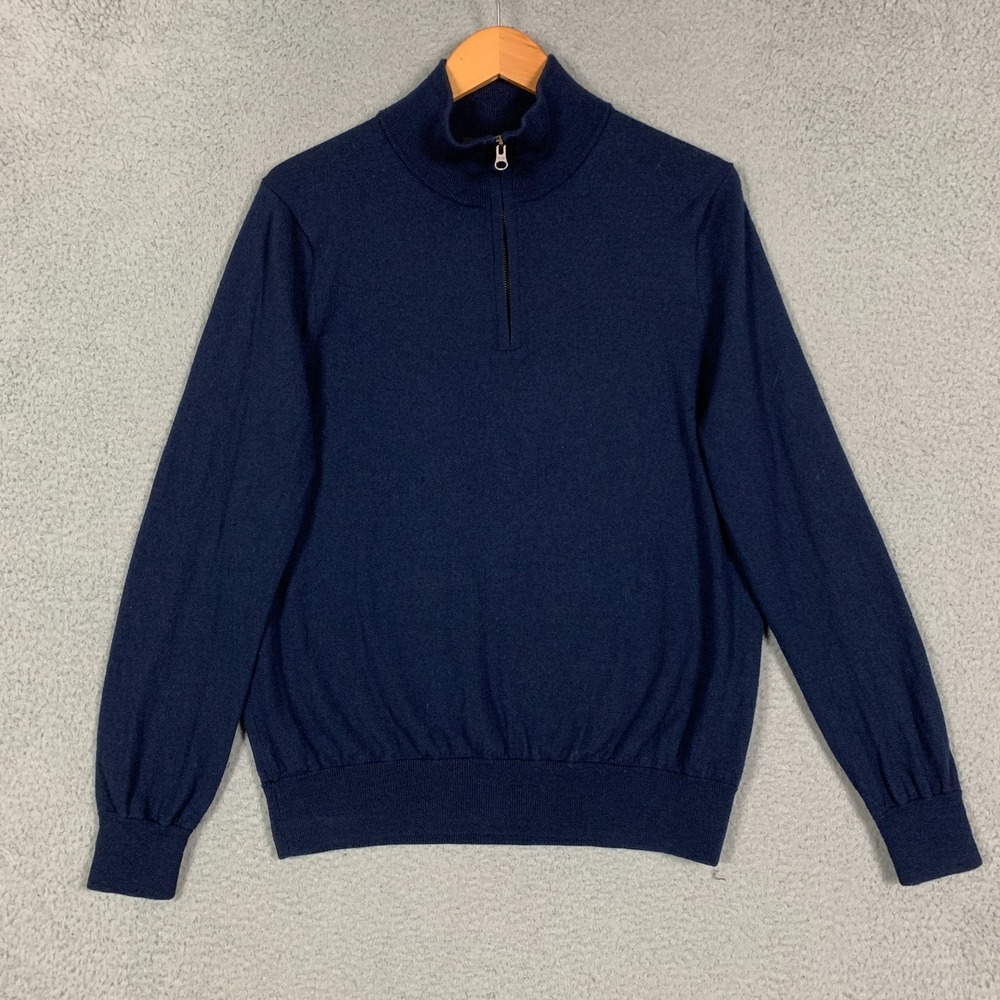 J.Crew Merino Sweater Men's Large Navy 1/4 Zip Pullover 100% Wool Mock Neck Cozy